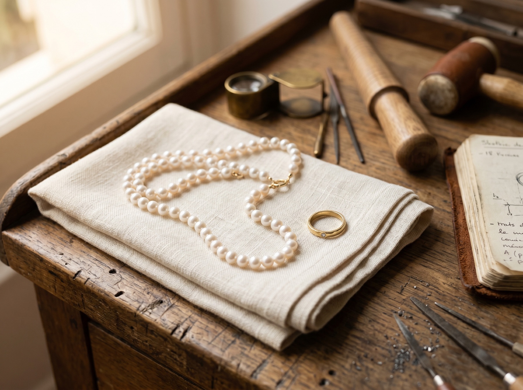 工作室桌面、珍珠串與 18K 戒指